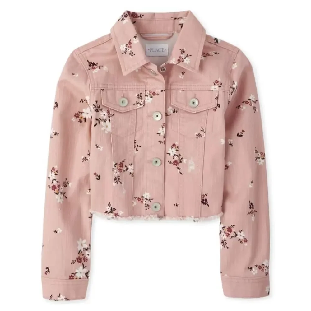 The Children’s Place Girls Floral Denim Jacket Pink Raw Hem Cotton Twill 7/8 M